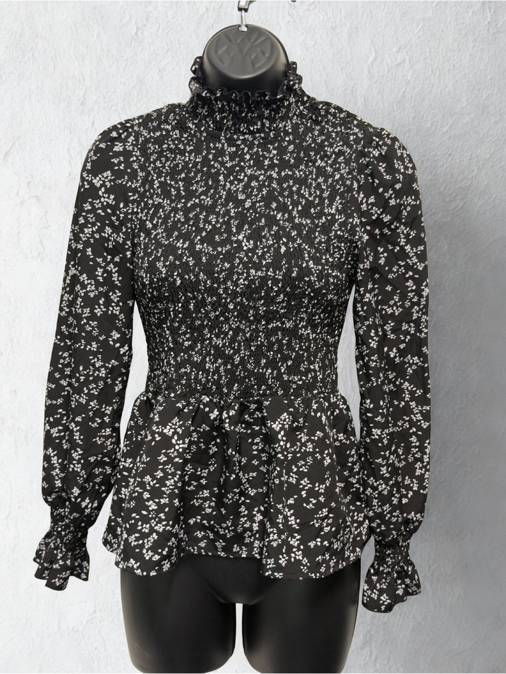 Smocked High-Neck Black Floral Peplum Blouse